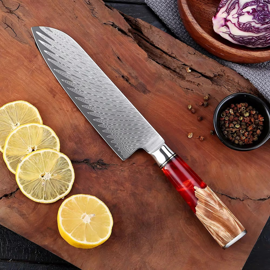 Xituo Santoku Damastmesser aus Damaststahl mit rotem Harzgriff, Länge: 17,78 cm - Bild 5
