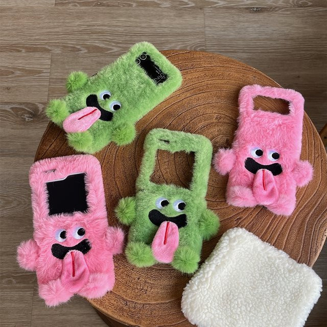 Stoßfeste Samsung Galaxy Z Flip 5 4 3 Handyhülle mit Cartoon Zungen-Design und Pelz-Rückseite in Pink - Bild 1