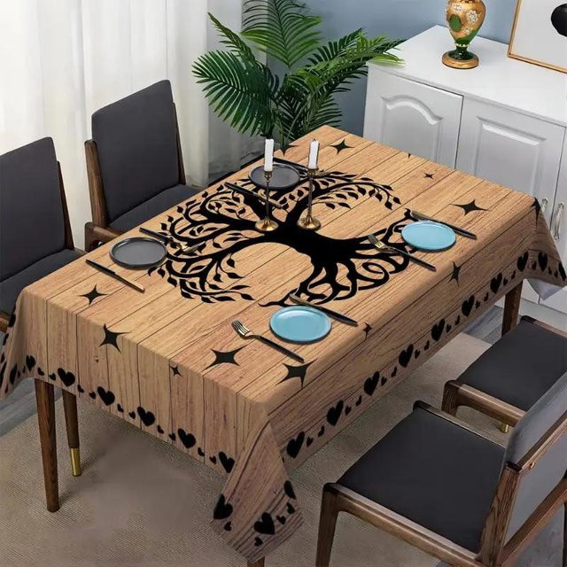 Rechteckige Tischdecke von JMG Household Supplies mit Baumherz-Muster in Braun und Beige, Vintage Bauernhaus-Stil mit Holzmaserung, B/H: 90 x 140 cm - Bild 1