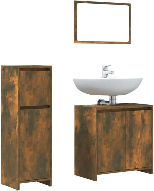 vidaXL 3-tlg. Badmöbel-Set Modell 26 aus Holzwerkstoff in Räuchereiche, bestehend aus Spiegel, mittlerem Schrank und Waschbeckenunterschrank, Farbe: Braun - Bild 1