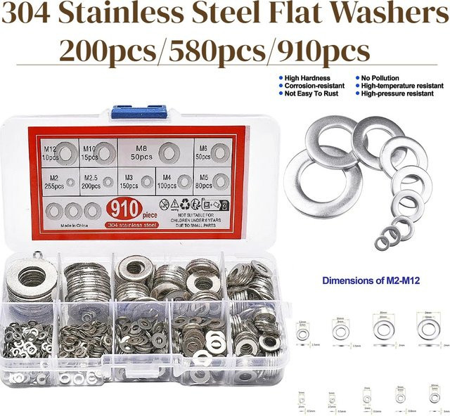 Sortimentsset mit 1790 Unterlegscheiben aus 304 Edelstahl in Silber, flach, passend für M2 bis M12 - Bild 1