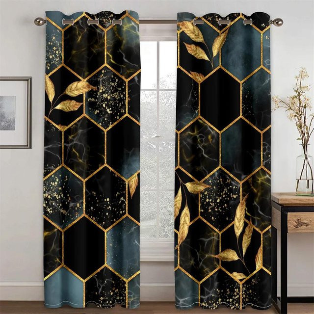 Yiran Furniture 2er-Set dünne Fenstervorhänge mit abstraktem geometrischem Ombre-Design in Grün, Gold und Gelb, halbtransparent, B: 100 cm, H: 130 cm - Bild 1