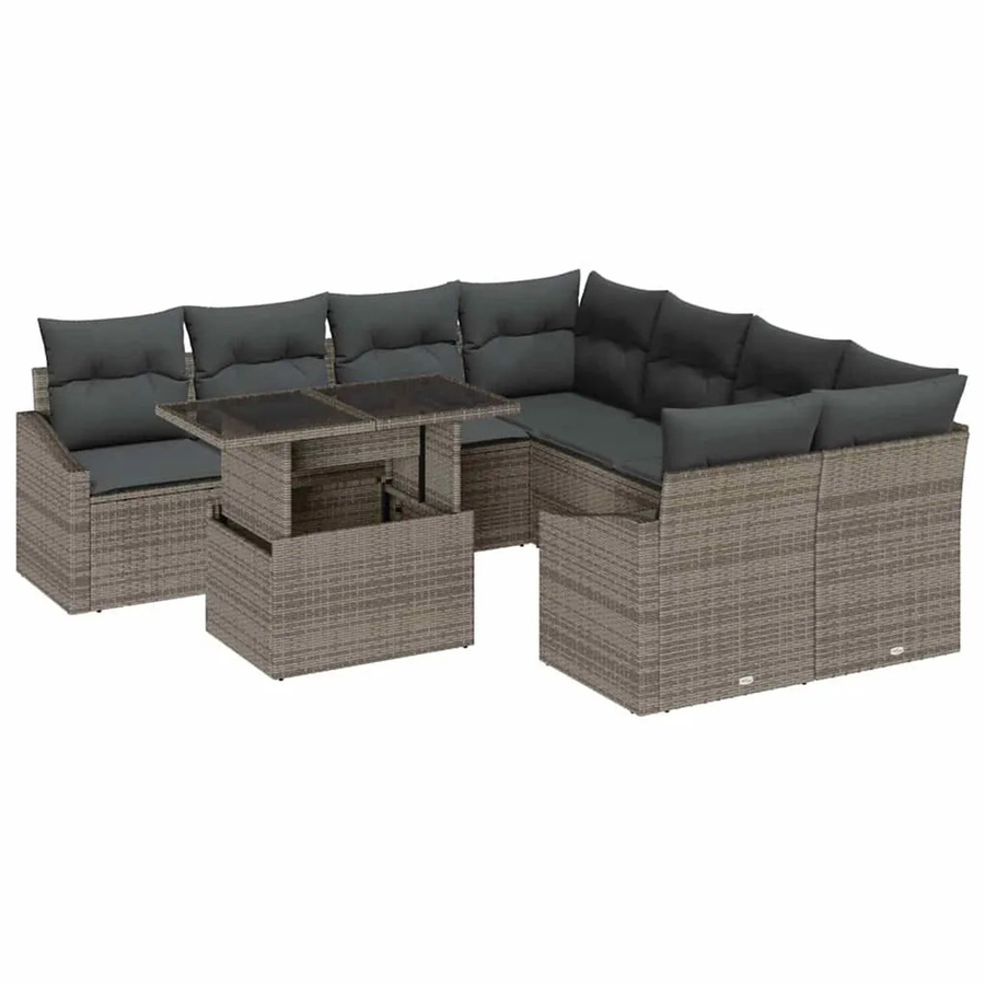 vidaXL 9-teiliges Garten-Sofa Set aus Poly Rattan in Grau mit Kissen und Tisch im L-Shape Design - Bild 2