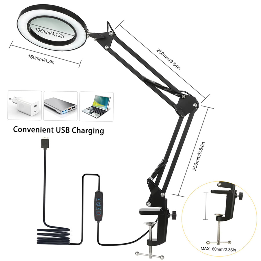 Tomshine Flexible Klemm-Tischlampe mit 8-facher Lupe, Dimmbare LED Schreibtischleuchte in Schwarz - Bild 3