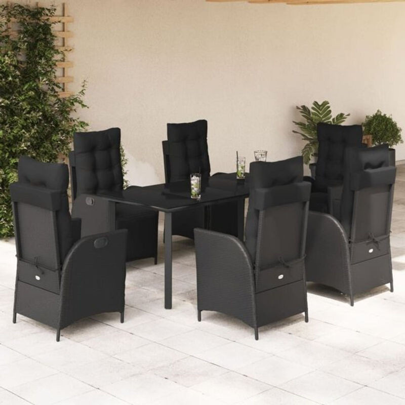 7-teilige moderne Garten-Essgruppe aus Poly-Rattan und Metall mit Glasplatte und Kissen in Schwarz von vidaxl - Bild 1