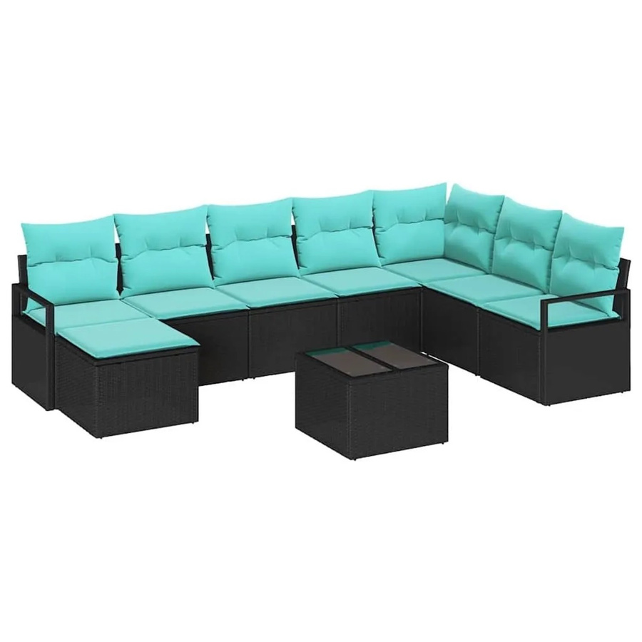 vidaXL Polyrattan Gartenmöbel Set in U-Form mit 9-teiliger Polstergarnitur und Kissen in Schwarz und Türkis - Bild 2