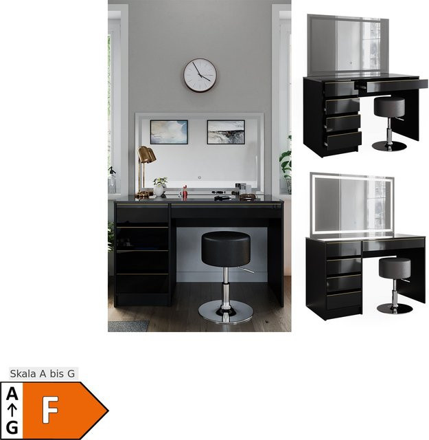 Vicco Schminktisch Sherry in Schwarz Hochglanz mit Gold-Akzenten, inklusive LED-Spiegel und Hocker, B/T/H: 120 x 75 x 75 cm - Bild 1