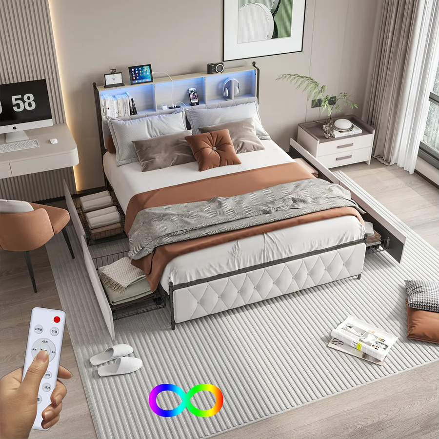 Rosahqnda Modernes Polsterbettgestell in Beige mit Schubladen, LED-Bücherregal-Kopfteil, USB-Anschlüssen und Unterbettbeleuchtung, B/T: 140 x 200 cm - Bild 3
