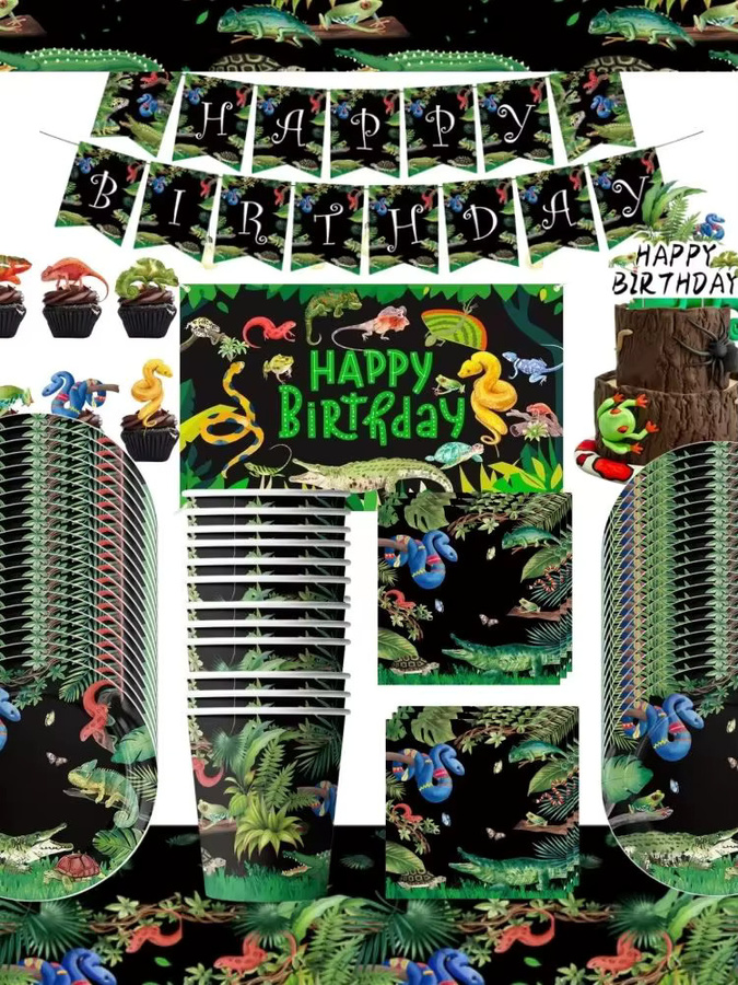 Potdemiel Reptilien-Party Geburtstagszubehör Set mit Eidechsen und Schlangen in Multicolor bestehend aus Einweggeschirr Pappbechern Tellern Servietten Banner und Ballons - Bild 4