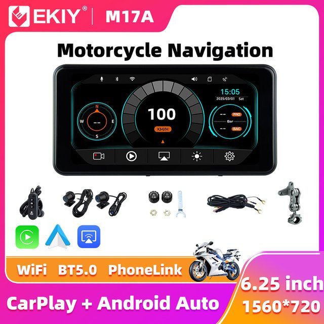EKIY Kabelloses CarPlay und Android Auto Motorrad-Navigationssystem mit 6,25 Zoll Display, GPS und TPMS-Monitor in Schwarz - Bild 1