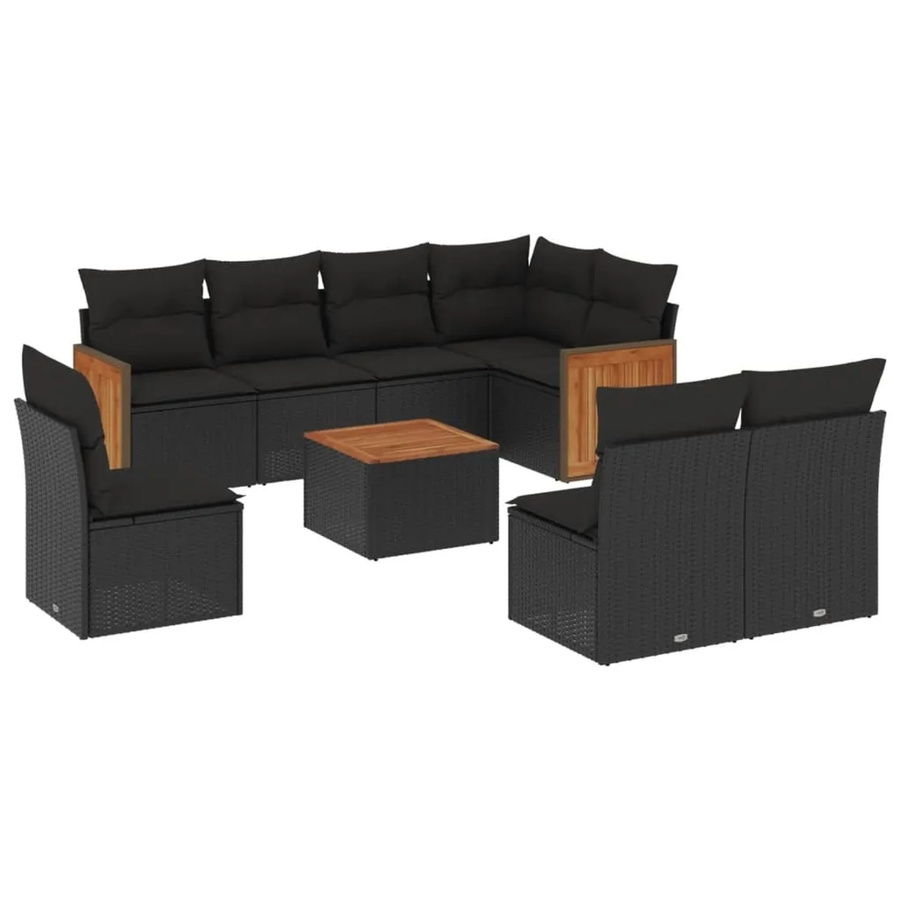 vidaXL 9-teilige Garten-Sofagarnitur mit Kissen aus Poly-Rattan und Akazienholz in Schwarz - Bild 2