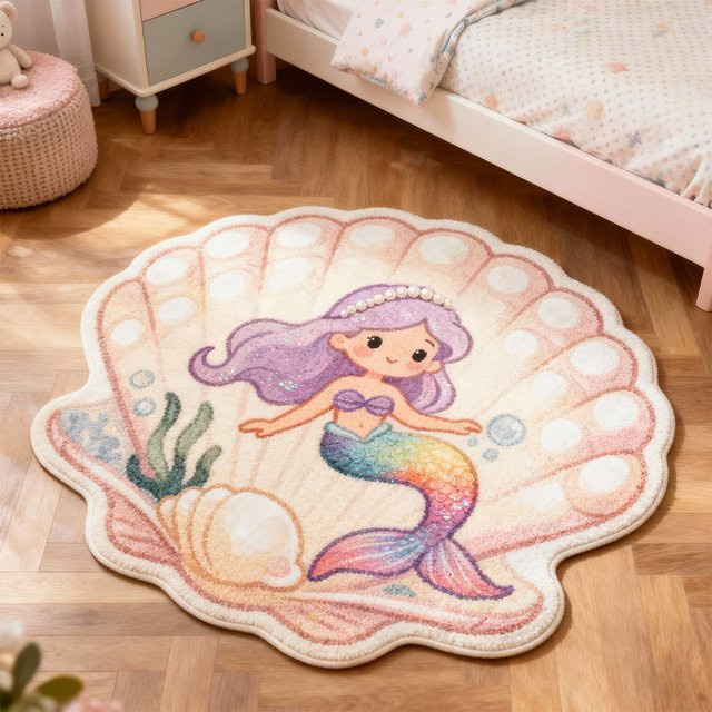 VIKAMA Muschelförmiger Teppich im Meerjungfrau-Design für Kinderzimmer und Schlafzimmer, Mehrfarbig, Maschinenwaschbar - Bild 1