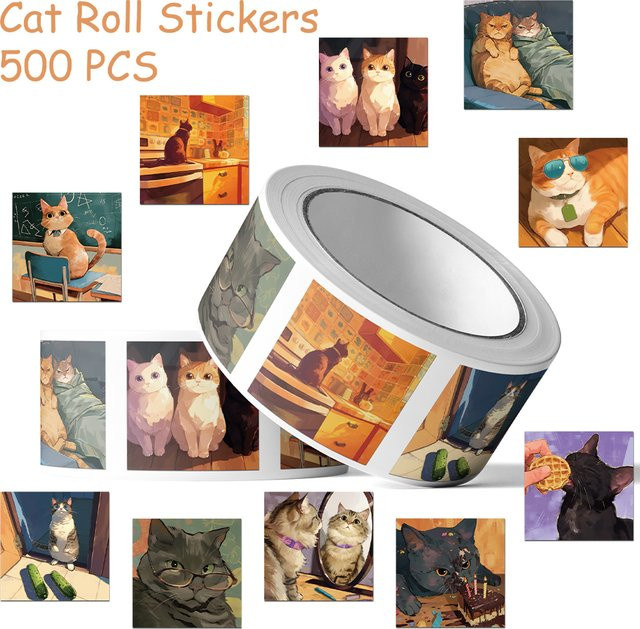 500 Stück Cartoon Katzen Rollaufkleber in Multicolour für Handy, Scrapbook und DIY-Projekte, wasserfeste ästhetische Aufkleber - Bild 1