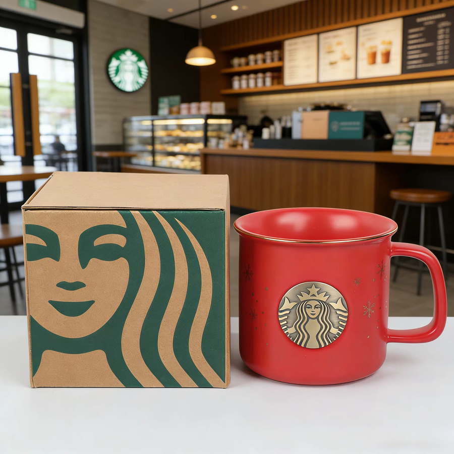 Starbucks Limited Christmas Keramikbecher in Rot mit Schneeflockenmuster und Bronzeabzeichen - Bild 2
