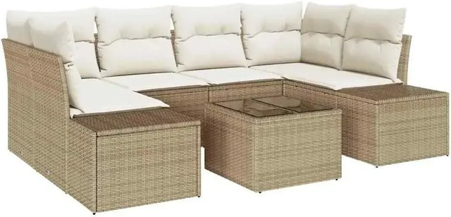 vidaXL Garten-Sofa-Set 7-teilig aus Poly Rattan in Beige mit Polsterkissen und Tisch in U-Form - Bild 1