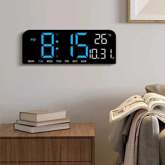 NieNie Digitale LED Wanduhr 9 Zoll in Schwarz mit Temperatur, Datum, Timer und automatischem Dimmer, USB-betrieben - Bild 1