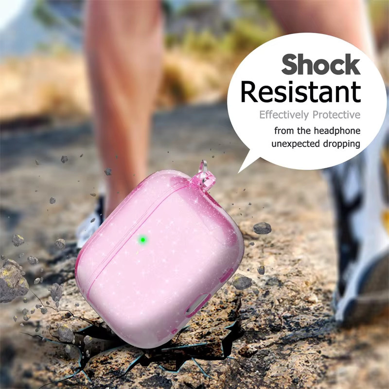 Glitzernde weiche TPU-Schutzhülle für Apple AirPods Pro (1, 2, 3 und 4. Generation) mit Schlüsselanhänger in Pink und Transparent - Bild 2