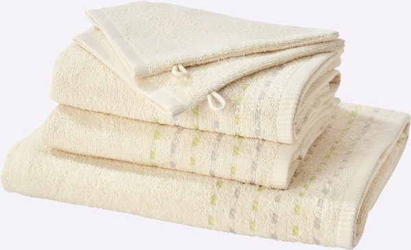 5-tlg. Frottier-Sparset wäschepur aus 100% Baumwolle in Beige/Champagner mit Multicolor-Bordüre und grafischen Elementen