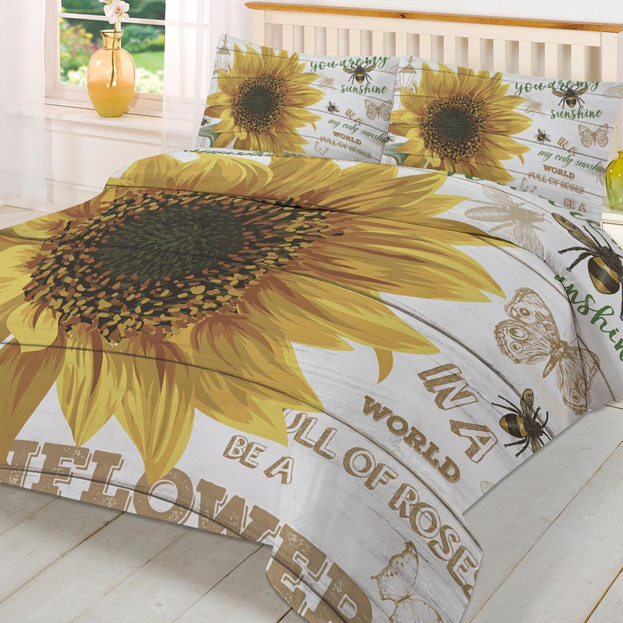 3-teiliges Bettbezug Set Your Warm Home mit Sonnenblumen, Bienen und Schmetterlingen im Holzbrett Design, Multicolor, B/H: 135 x 200 cm - Bild 5