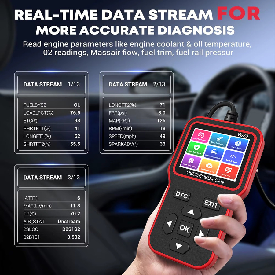 RUOGINSS OBD2-Scanner Diagnosetool in Rot mit Check Engine Light Code Reader, Reset-Funktion, Batterietester und Live-Daten-Anzeige - Bild 4