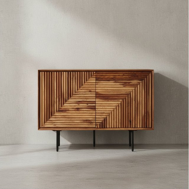 KADIMA DESIGN Harmony 3D-Sideboard aus Massivholz Sheesham mit Metalldetails in Braun, B/T/H: 100 x 40 x 71 cm - Bild 1