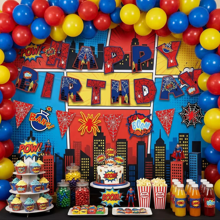 City Hero Spinnennetz Geburtstagsparty Banner Dekoration in Rot und Mehrfarbig mit Buchstaben aus Papier für Kindergeburtstage - Bild 3