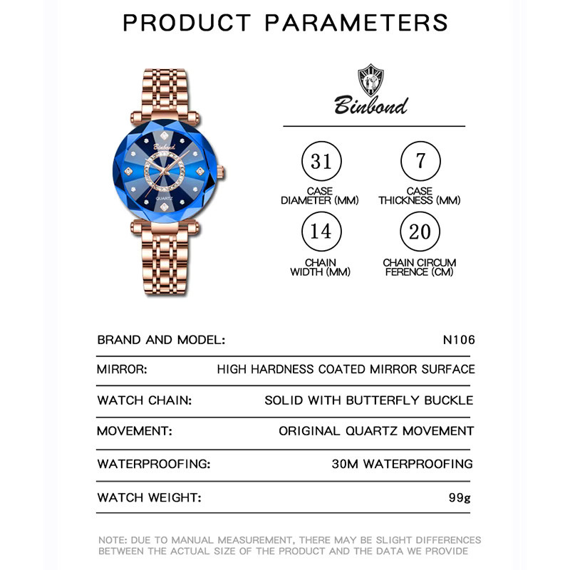 BINBOND Armbanduhr Quarz, Edelstahl, Roségold, Blau, Leder, Damen - Bild 2