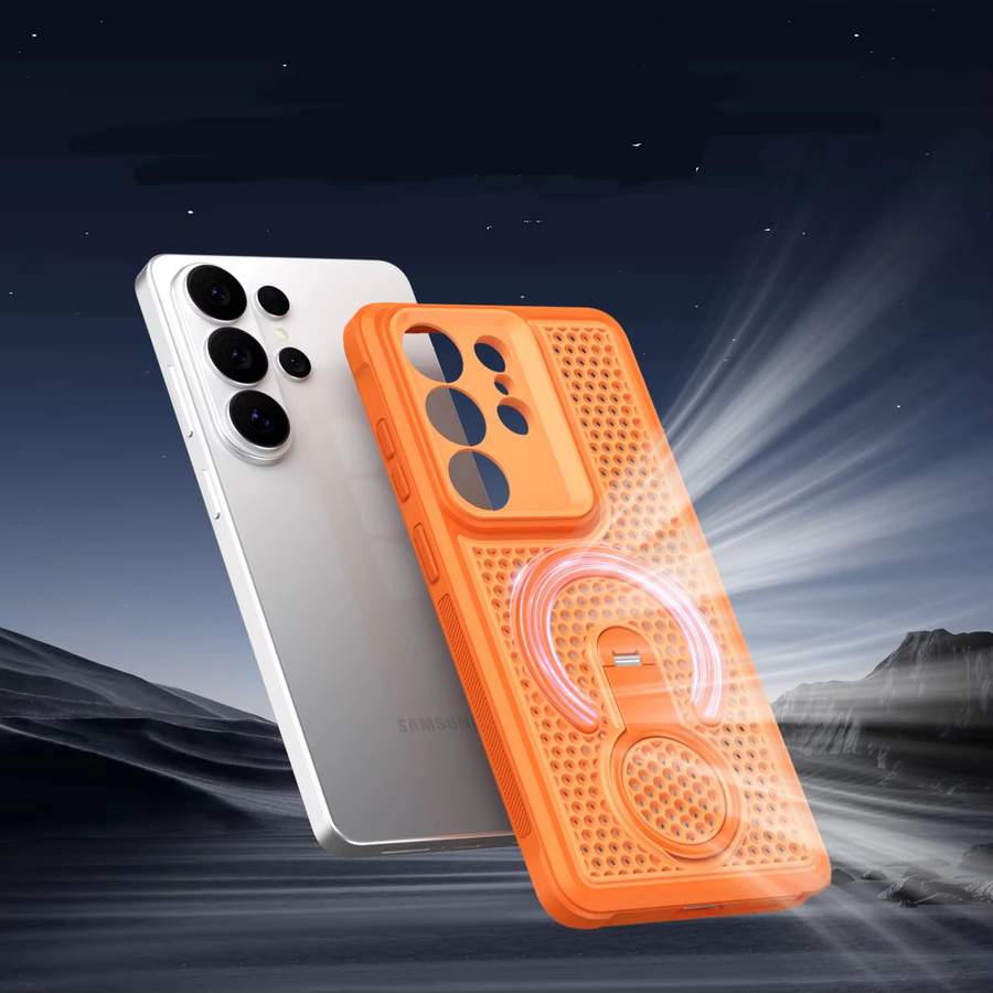 Eurynome Schutzhülle für Samsung Galaxy S26 Ultra und S26 Plus mit 360-Grad-Rotationsring, magnetischer Wärmeableitung und atmungsaktivem Netz in Orange - Bild 3