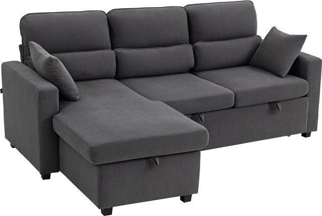 HOMCOM L-förmiges Ecksofa mit Bettfunktion und Stauraum in Grau, verstellbares Gästesofa mit Cord-Stoff und Metallrahmen - Bild 1