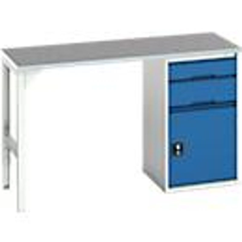 Unterbauwerkbank Bott verso mit Linoleum-Platte, 2 Schubladen, 1 Tür und 1 Ablageboden, Lichtgrau / Enzianblau, B/T/H: 150 x 60 x 93 cm - Bild 2