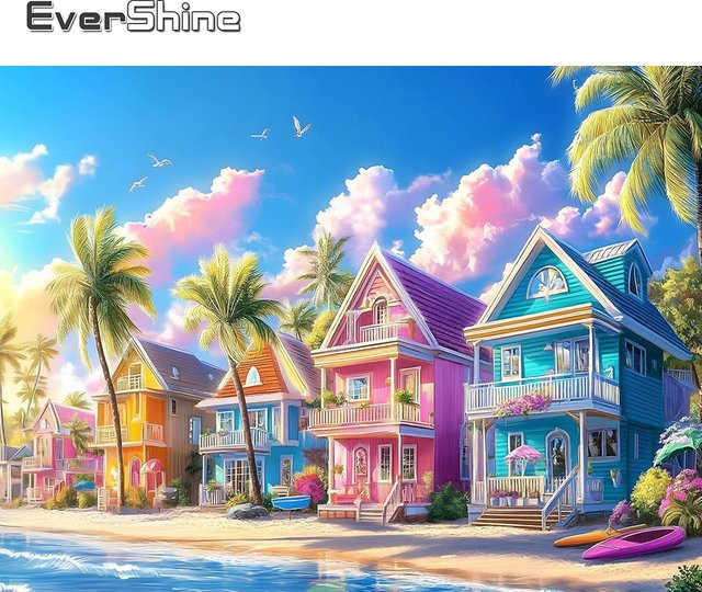 EverShine Diamant-Malerei Haus-Landschaft als DIY Mosaik-Bild mit runden Steinen in Multicolour - Bild 1
