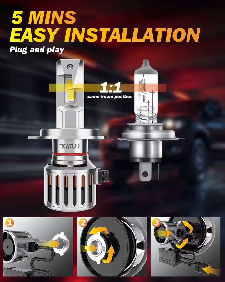 Katur 2 Stück Turbo H4 9003 HB2 LED-Scheinwerfer Set, 40000LM, 200W, 6000K, Canbus, Farbe: Silber - Bild 2