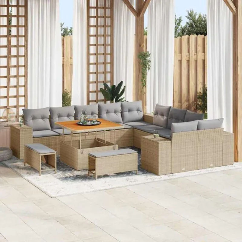 Vidaxl Garten-Sofa-Set aus Polyrattan mit 13 Teilen in Beige und Grau, modulares Loungemöbel-Set mit Fußhocker, B/T/H: 100 x 100 x 71 cm - Bild 1