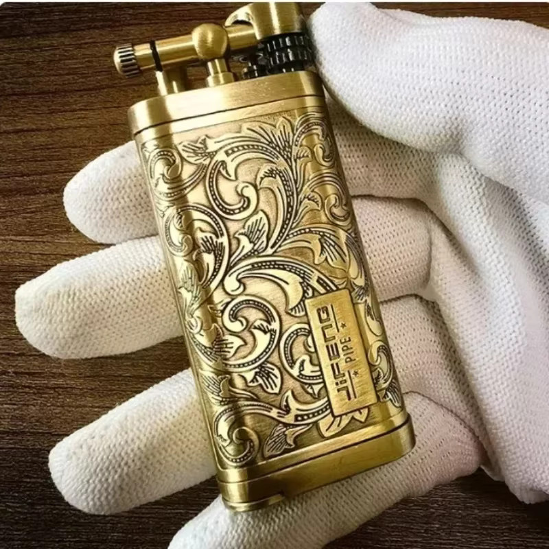 JIFENG Vintage Metallschleifscheibe Gasfeuerzeug mit Tabakpfeife Tamper für Zigarren und Zigaretten in Gold oder Silber - Bild 3
