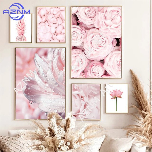 AZNM Leinwandkunst Rosa Rosen und Ananas Minimalistisches Wandbild Botanisches Floral Design - Bild 1