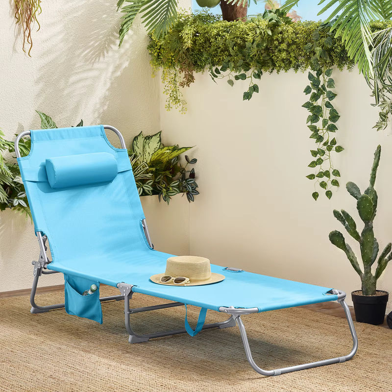 SoBuy Gartenliege OGS35 Blau mit verstellbarer Kopfstütze und Seitentasche aus Textilene und pulverbeschichtetem Stahlrahmen - Bild 2