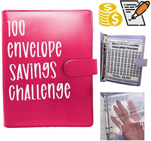 Yushena Challenge-Ordner mit 100 Geldumschlägen zum Sparen in Pink - Bild 1