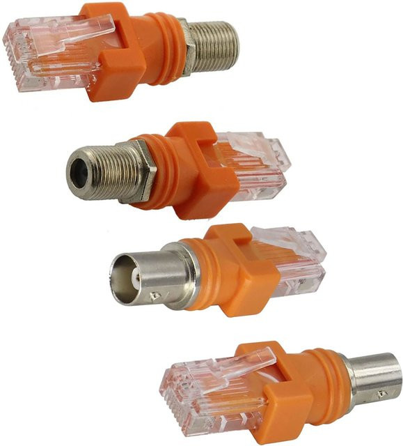 FRHY 2 Stück F-Typ auf RJ45 Adapter, Koaxial RF Buchse auf Stecker Verbinder für TV-Antenne, Satellitenkabel und Ethernet LAN Netzwerk Signalwandler, Farbe: Orange - Bild 1