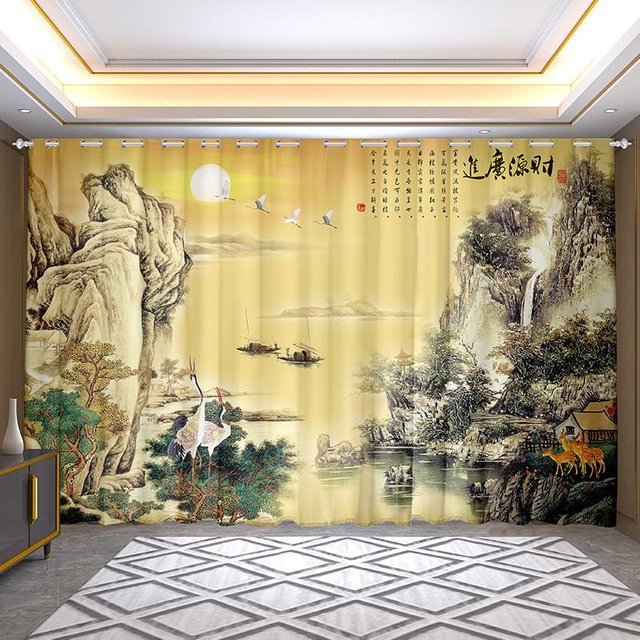 2er-Set halbverdunkelnde Vorhänge im Zen-Stil mit Landschaftsmotiv, Farbe Gelb, Breite: 100 cm, Höhe: 130 cm - Bild 1