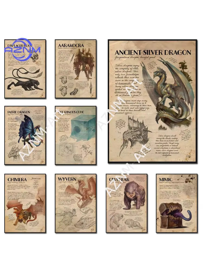 Herocross Vintage Wandgemälde Kobold-Wyvern-Monster als Leinwand-Poster im Dungeons And Dragons Stil, Mehrfarbig - Bild 3