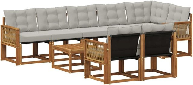 vidaXL Outdoor-Sofagarnitur L-Form aus Akazienholz mit 9 Kissen in Natur und Grau - Bild 1
