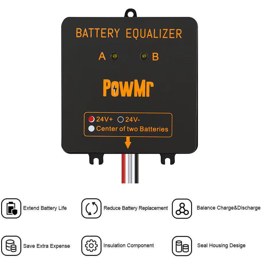 PowMr BE24 Batterieausgleicher mit LED-Anzeige, 24V Dual 12V Blei-Säure-Balancer in Schwarz, kaskadierbar für Solar- und Wohnmobil-Speicherbatterien, Spannungsausgleicher - Bild 3
