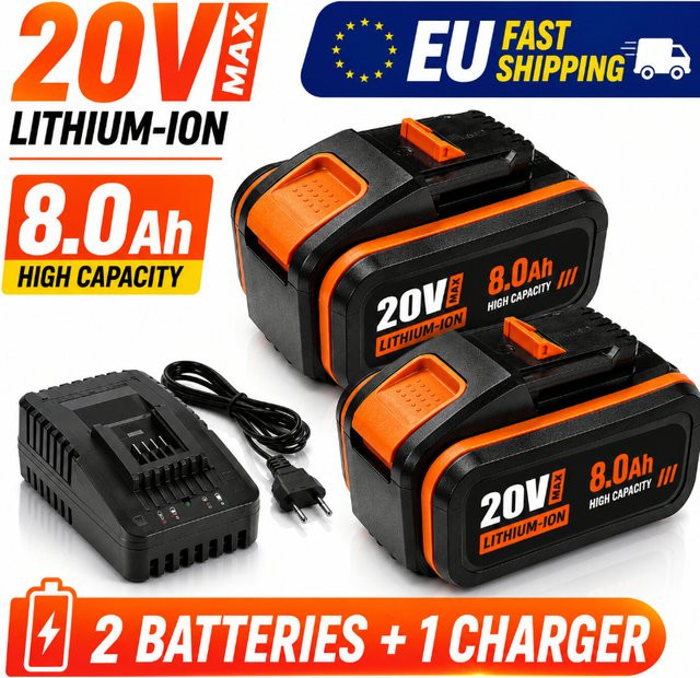 Worx 20V Li-Ionen-Akku 8,0Ah mit Ladegerät für Elektrowerkzeuge WA3551 WA3551.1 WA3553 WA3641 WX373 WX390 - Bild 1