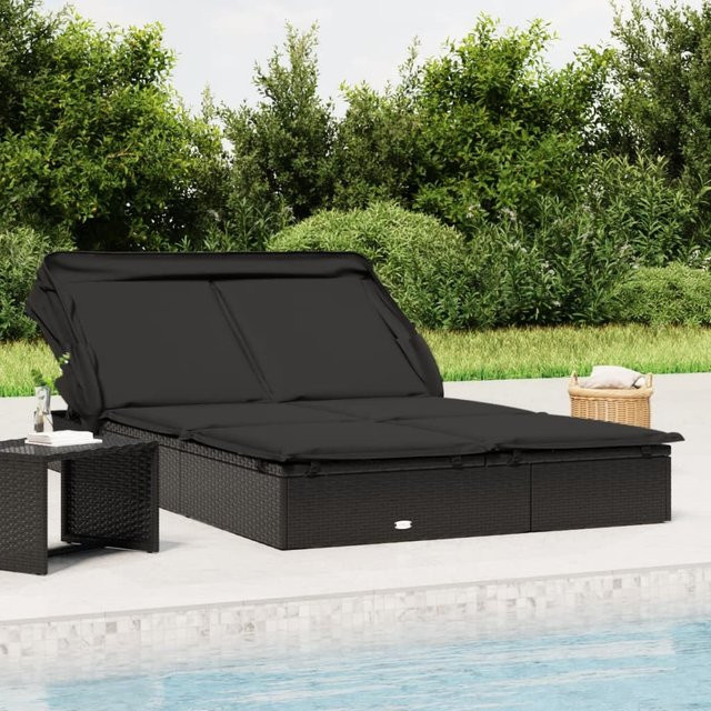 vidaXL 2-Personen-Sonnenliege aus Polyrattan mit Sonnendach in Schwarz, B/T/H: 213 x 118 x 97 cm - Bild 3