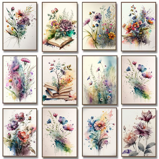 Potdemiel Aquarell-Blumen-Poster mit Narzissen und Rosenstrauß, modernes Leinwandgemälde in Mehrfarbig, abstrakte botanische Wandkunst für dein Wohnzimmer - Bild 1