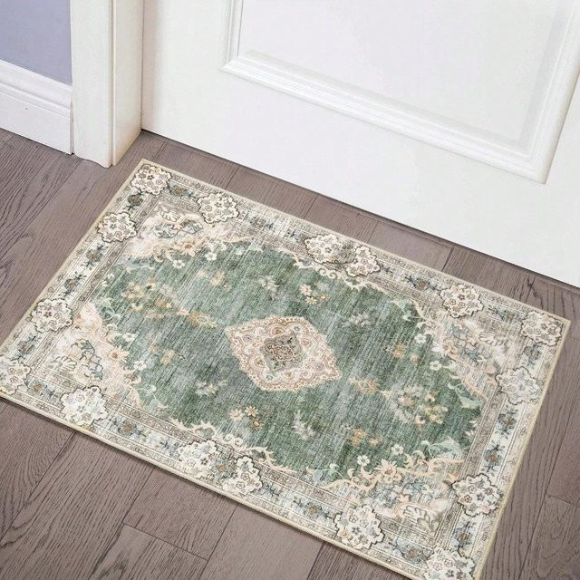 Waschbare Teppichmatte Lodestar in Grün im Boho Vintage Design, rutschfest und maschinengeflochten, B/T: 50 x 30 cm - Bild 1