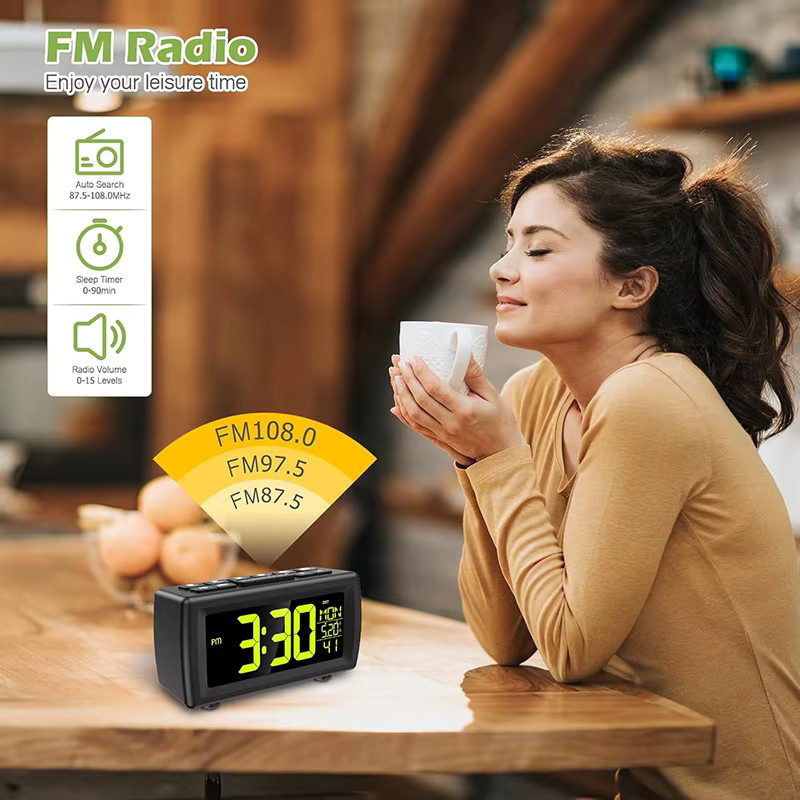 Niditon Retro FM-Radio-Wecker mit Digitalanzeige für Nachttisch und Wohnzimmer, Schwarz, 7-Farben-Schriftart mit Datum und Wochentag - Bild 6