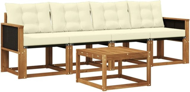 vidaXL Outdoor-Sofagarnitur aus Akazienholz mit 3-Sitzer-Sofa, Couchtisch und Kissen in Beige und Weiß - Bild 1