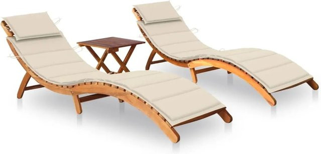 vidaXL Sonnenliegen Set aus Akazien-Massivholz mit Tisch und Auflagen in Cremeweiß/Beige - Bild 1