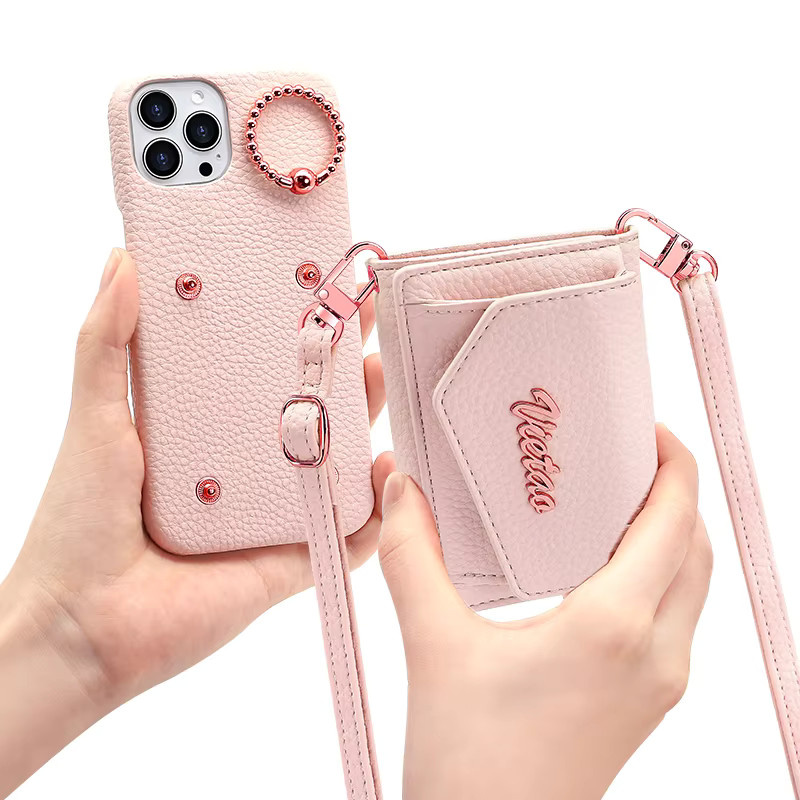 VIETAO Crossbody Handyhülle aus PU Leder mit Brieftasche und Ringhalter für iPhone 15 14 13 Pro Max in Weiß oder Pink - Bild 2